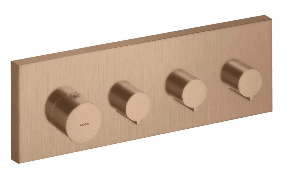 Thermostatmodul mit vier Bedienelementen in gebürstetem Rotgold von AXOR, geeignet für den Unterputz mit Anschluss für mehrere Verbraucher.
